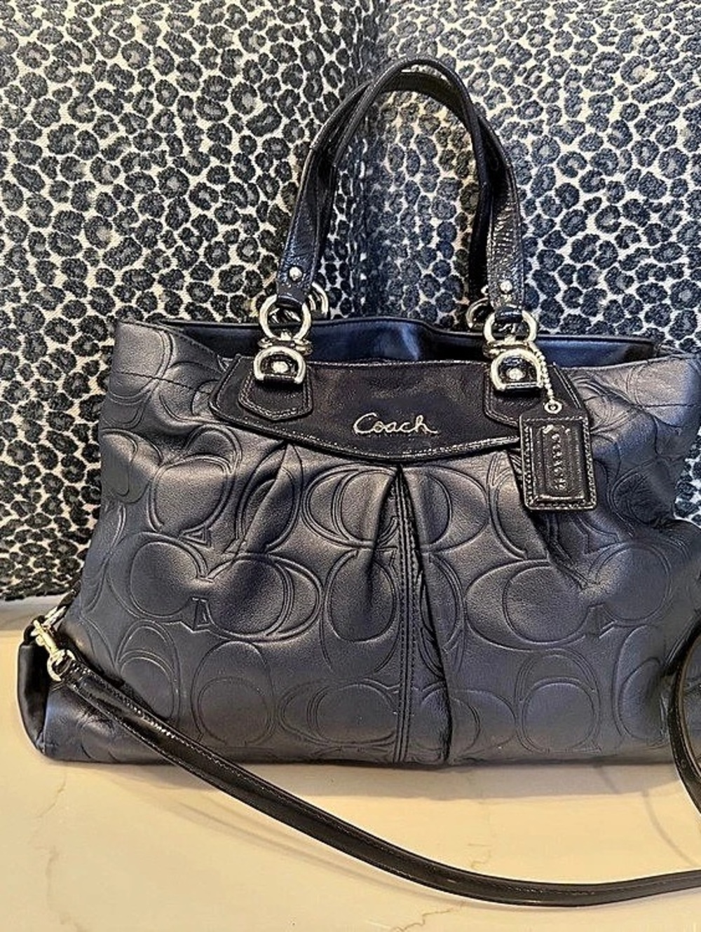 Coach Madison Embossed Signature Leather Sophia Satchel in Black